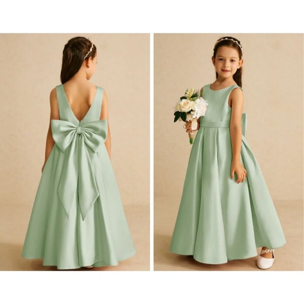 Azazie Flower Girl Dress Sage Green Satin V-Neck Bow Back Size 5T